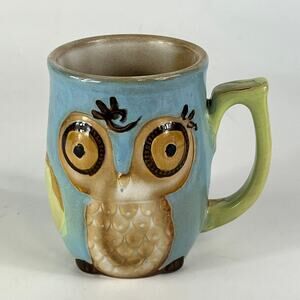 Gibson Owl Coffee Mug Hand Painted Blue Green Bird Stoneware Glaze Character Tea